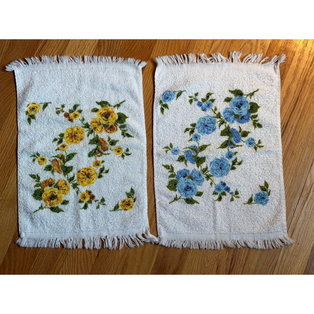 Vintage Cannon Mills Trophy Hand Towels Set of 2 Floral Blue Yellow Rose Fringe